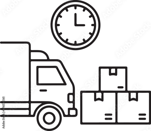 Delivery truck with boxes and clock, logistics and shipping, timely transport service, package delivery, supply chain management, efficient distribution icon