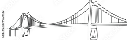 Suspension bridge line drawing, architectural design, engineering structure, curved cables, towers, deck support, balance, tension principles, flat vector illustration