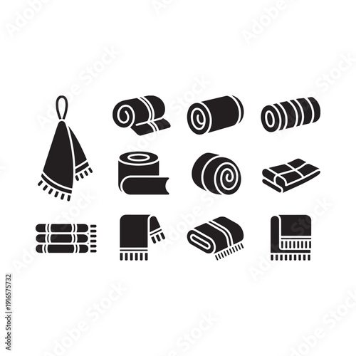 Black and white illustration of various rolled and folded towels and textiles