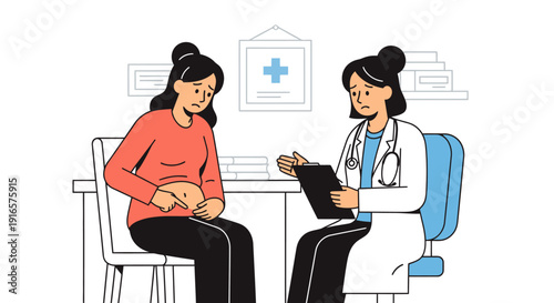 Concerned Pregnant Woman Consulting with Doctor in Medical Office Illustration for Prenatal Care and Healthcare Support