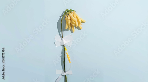 Yellow flower tied with white tape on light blue background