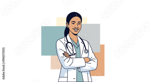 Confident Female Physician in White Coat with Stethoscope Standing Arms Crossed, Professional Healthcare Provider Illustration