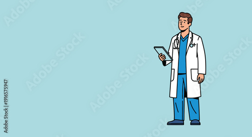 Confident Male Doctor Holding Digital Tablet in White Lab Coat on Soft Blue Background, Medical Professional Illustration for Healthcare and Telemedicine Concepts