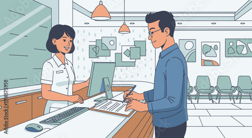 Customer Service Interaction at a Modern Office Reception Desk Featuring a Male Client and Female Assistant in a Stylish Interior