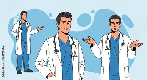 Confident Male Doctor Wearing White Lab Coat and Stethoscope with Various Gestures on Blue Background Illustration