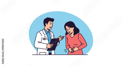 Female Patient Consulting Doctor About Abdominal Pain During Medical Examination in Clinic Cartoon Illustration