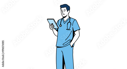 Illustration of a Confident Male Doctor Holding a Tablet with Stethoscope, Symbolizing Modern Healthcare and Medical Technology