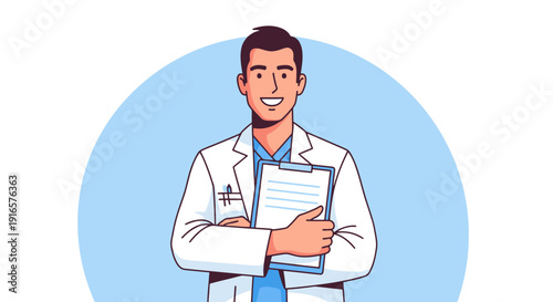 Smiling Male Doctor Holding Clipboard in White Lab Coat Against Light Blue Circle Background, Medical Professional Illustration for Healthcare and Wellness