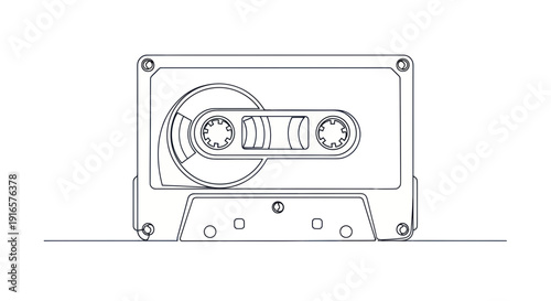 Retro cassette tape, audio recording, music storage, vintage technology line art