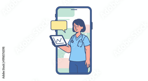 Telehealth Consultation Illustration Featuring Female Doctor on Smartphone Screen with Medical Chart and Speech Bubble