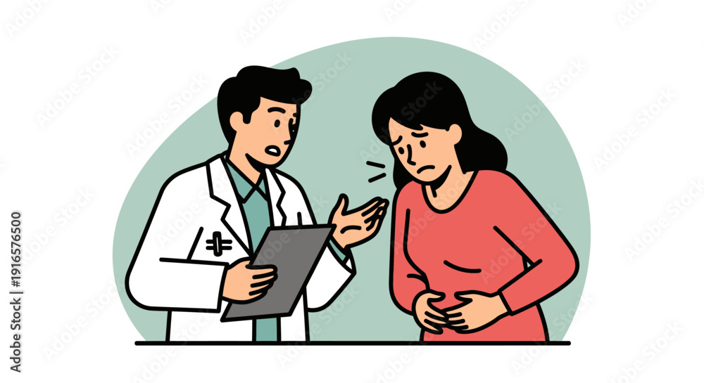 Obraz premium Worried Female Patient Discussing Abdominal Pain Symptoms with Concerned Male Doctor Holding Clipboard in Medical Consultation Scene
