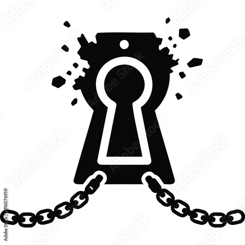 Broken keyhole silhouette with detached chains and flying debris, symbolizing lost access, security breach, or freedom.