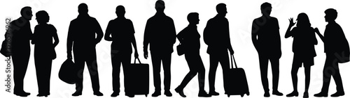 Travelers silhouettes queue with luggage, men and women waiting in line, airport passengers standing vector illustration