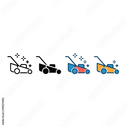Lawnmower icon set variations showcasing different color schemes and outlines