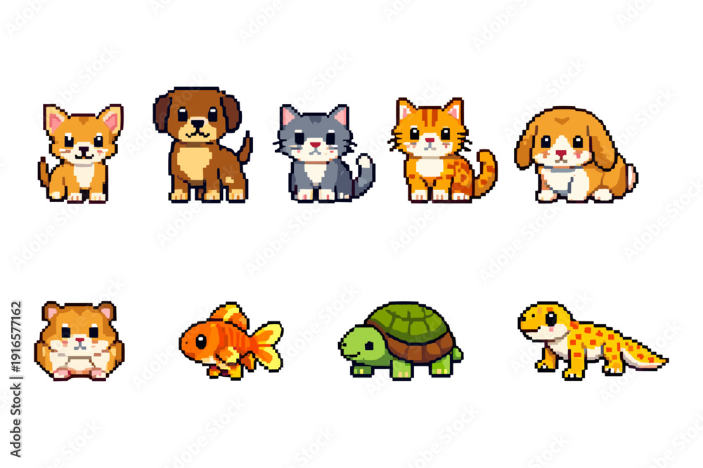 Fototapeta premium Cute pixel art pets: dogs, cats, hamster, fish, turtle, lizard