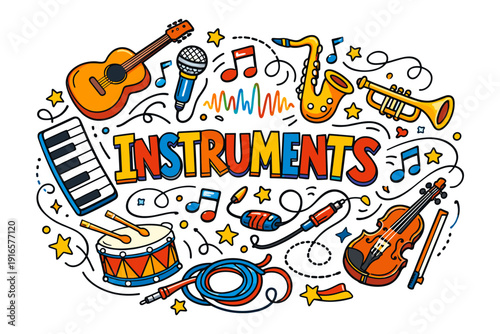 Colorful musical instruments doodle with guitar, violin, trumpet, saxophone, and keyboard