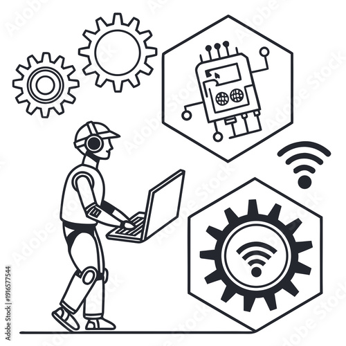 A person in a robotic exosuit using a laptop with gears and wireless symbols nearby