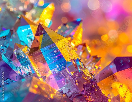 A bunch of colorful crystals are on a table. They are all different colors and sizes. Some are larger than others