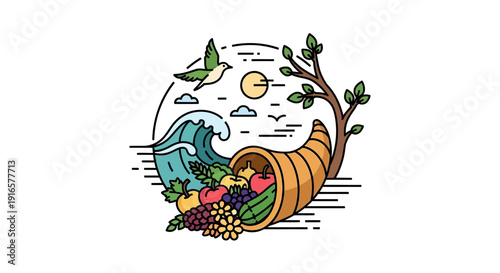 Cornucopia Overflowing with Fresh Fruits and Vegetables.