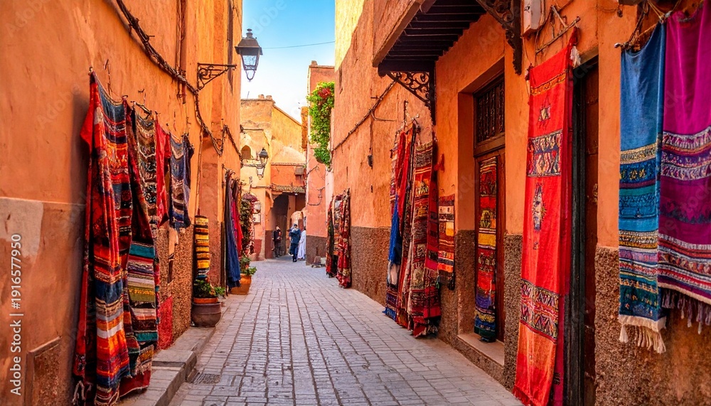Fototapeta premium Street in Marrakesh with vibrant colors. Semi-realistic scene emphasizing lively atmosphere, warm tones, and detailed Moroccan architecture and street life. 