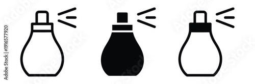 Perfume Bottle Icon Set: Vector collection of fragrance spray symbols in line, solid, and silhouette styles isolated on white.