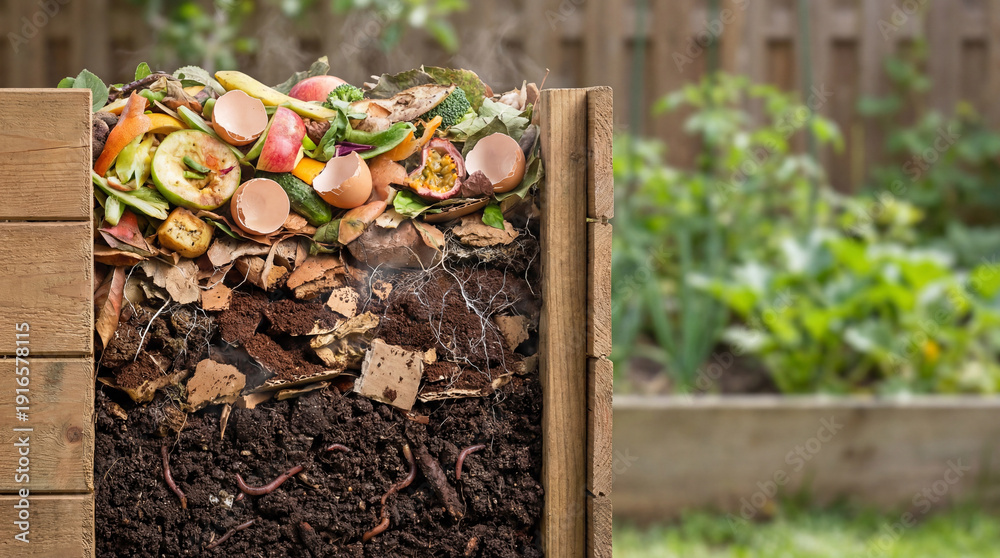 Naklejka premium Layers of life within a garden compost bin nurturing future growth with decomposing fruit peels, vegetable scraps, and busy earthworms