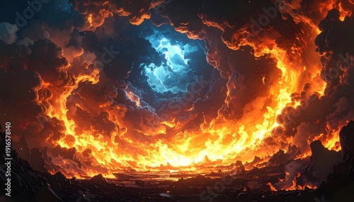 A fiery vortex of clouds circles a blue center, casting an ominous glow on a desolate landscape
