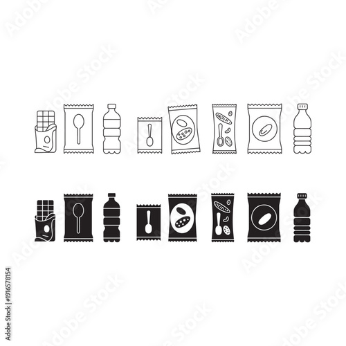 Line art illustration of various snack foods and beverage packaging