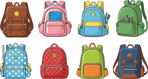 Colorful School Backpack Collection Set with Different Styles and Designs Vector Illustration for Education, Travel, and Student Accessories
