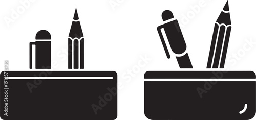 Set of two distinct black desk organizer icons with pens and pencils, one showing simple shapes, other more detailed items