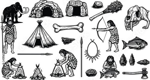 Prehistoric caveman lifestyle illustration set with mammoth, stone tools, cave, hunter, fire, primitive weapons vector collection isolated