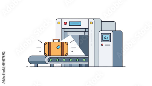 Airport Security Checkpoint with Luggage Scanner and Suitcase.