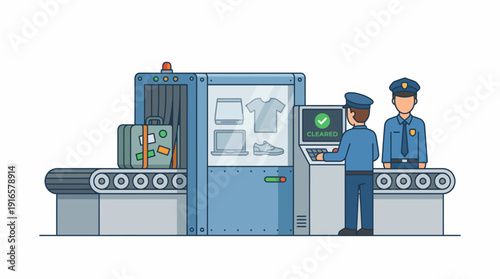 Airport Security Checkpoint with Xray Scanner and Officers. Vector Illustration. EPS Editable