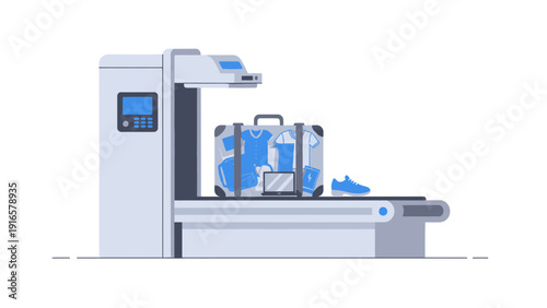 Airport Security Scanner Inspecting Luggage on Conveyor Belt.
