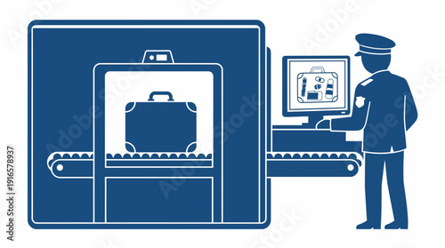 Airport Security Scanner Inspecting Luggage with Officer Monitoring Screen. Vector Illustration. EPS Editable