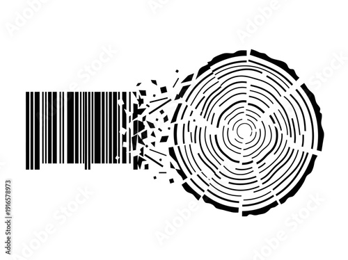 Barcode transforming into tree rings symbolizing nature and industry. Vector Illustration. EPS Editable