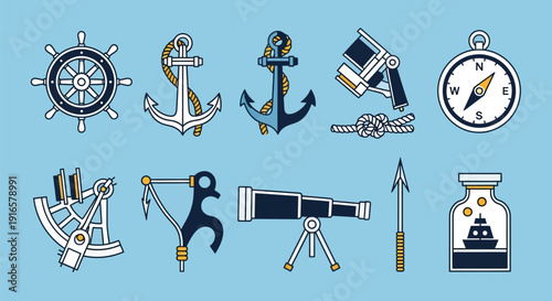 Vintage Navigation Tools and Instruments Set.