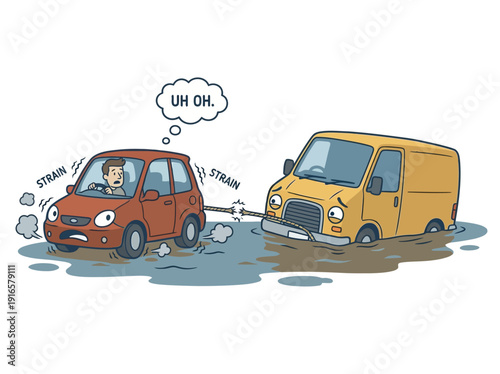 Car stuck in mud being towed by van. Vector Illustration. EPS Editable