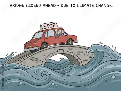 Car on a bridge with a stop sign due to climate change. Vector Illustration. EPS Editable