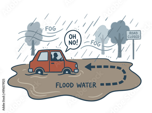 Car stuck in flood water during heavy rain and fog. Vector Illustration. EPS Editable