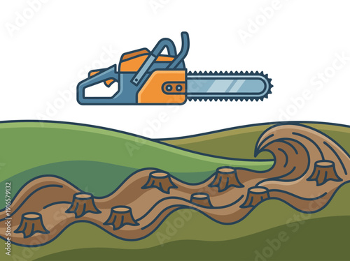 Chainsaw cutting down trees in a forest. Vector Illustration. EPS Editable
