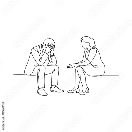 Line drawing depicting a woman comforting a distressed man
