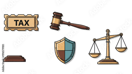 Collection of legal and financial symbols including tax gavel shield and scales of justice.