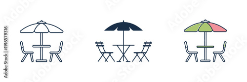 Three outdoor cafe sets with umbrellas and chairs in varying styles