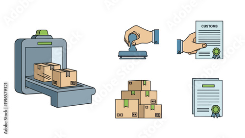 Customs Control and Package Inspection Process with Documents and Stamps.
