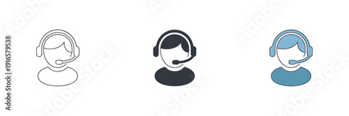 Three variations of a customer service representative icon with a headset