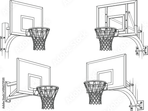Wall Mounted Basketball Hoop Set with Backboard and Net Line Art Vector Illustration for Sports Equipment Design Collection