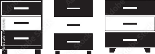 Three chest of drawers or nightstands in silhouette, two full height and one shorter, representing furniture and storage solutions