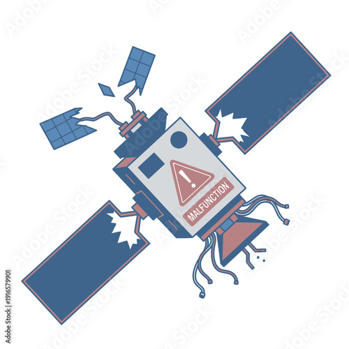 Broken Satellite Icon with Red Warning Sign for Space Debris and Malfunction Concepts
