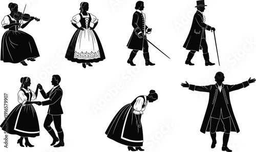 Victorian era people silhouettes with musicians, dancers, gentlemen, vintage clothing, historical characters vector illustration set isolated on white
